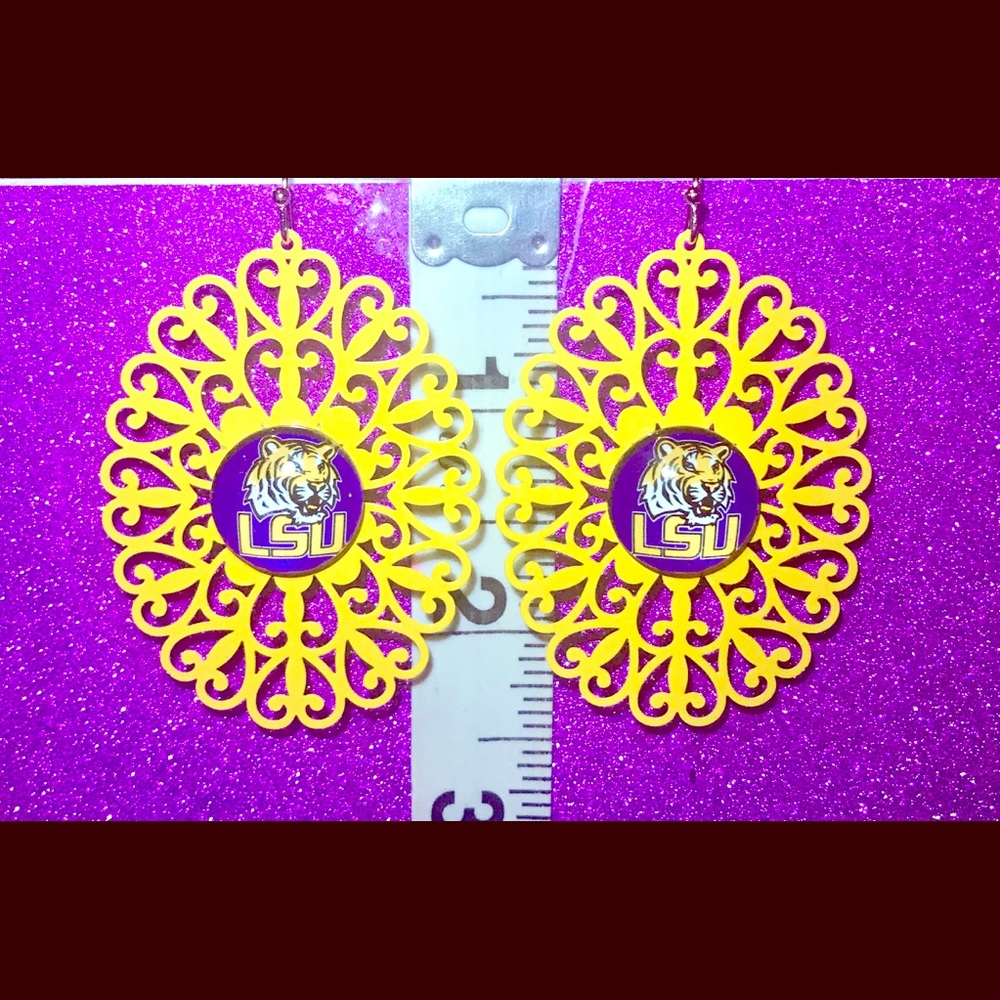 Metal Heart Cut Golden Yellow LSU Tigers earrings